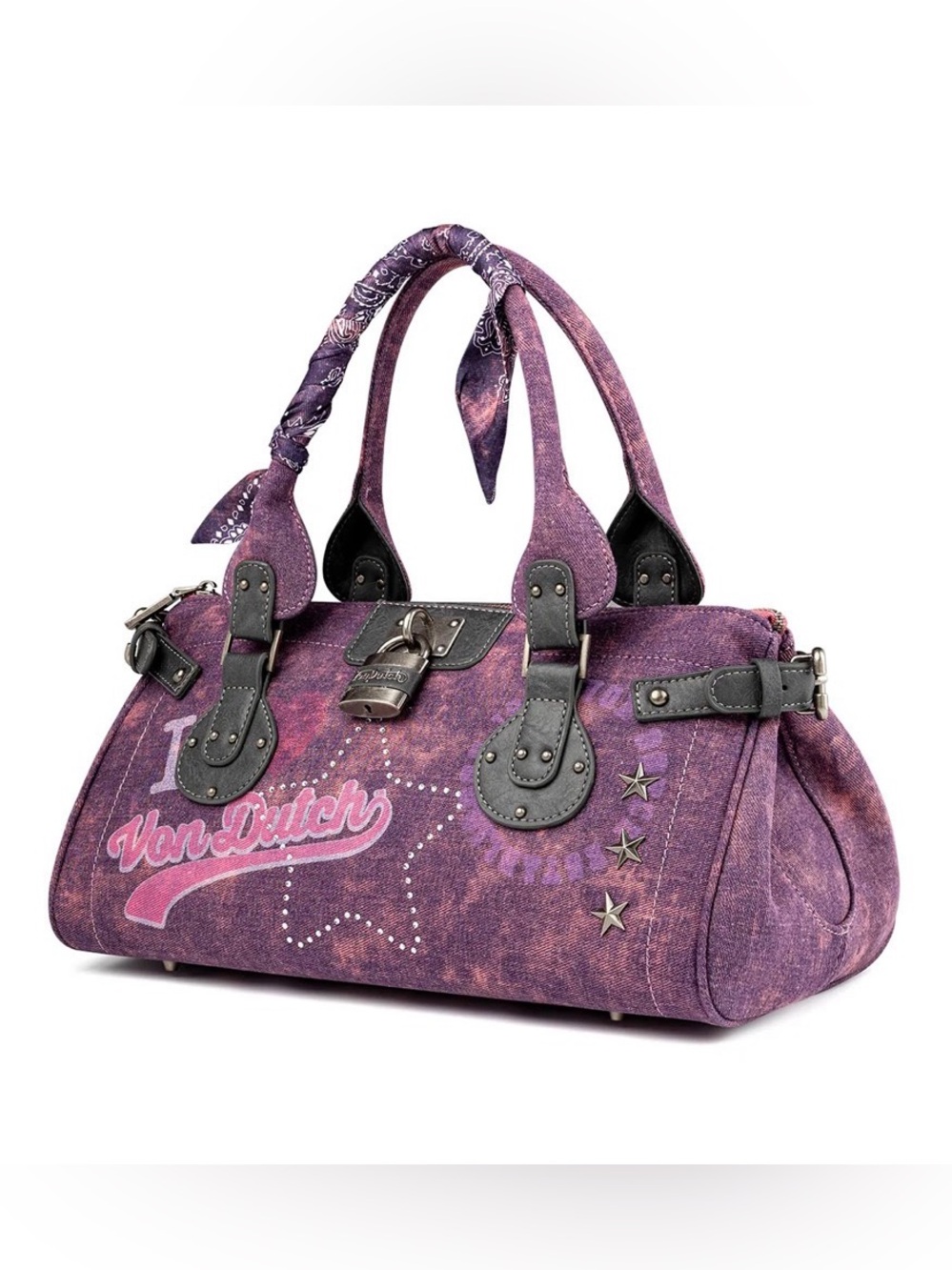 Y2K Von Dutch Bree Bag- Purple Canvas Satchel with Dark Trim and Star Studs